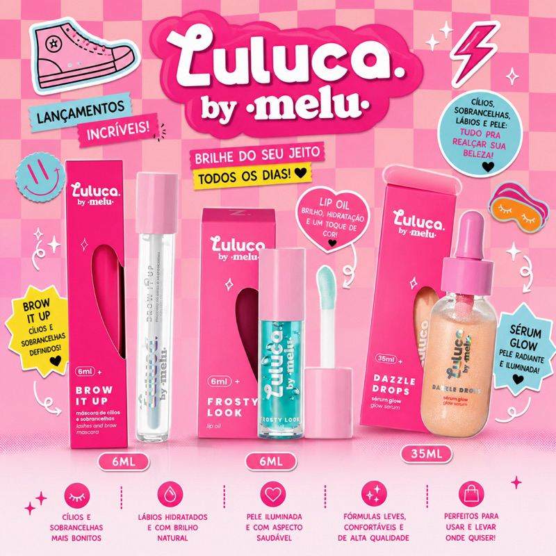 Kit Maquiagem Infantil Teen Glow Luluca By Melu Lip Oil Frosty Look Sérum Dazzle Drops