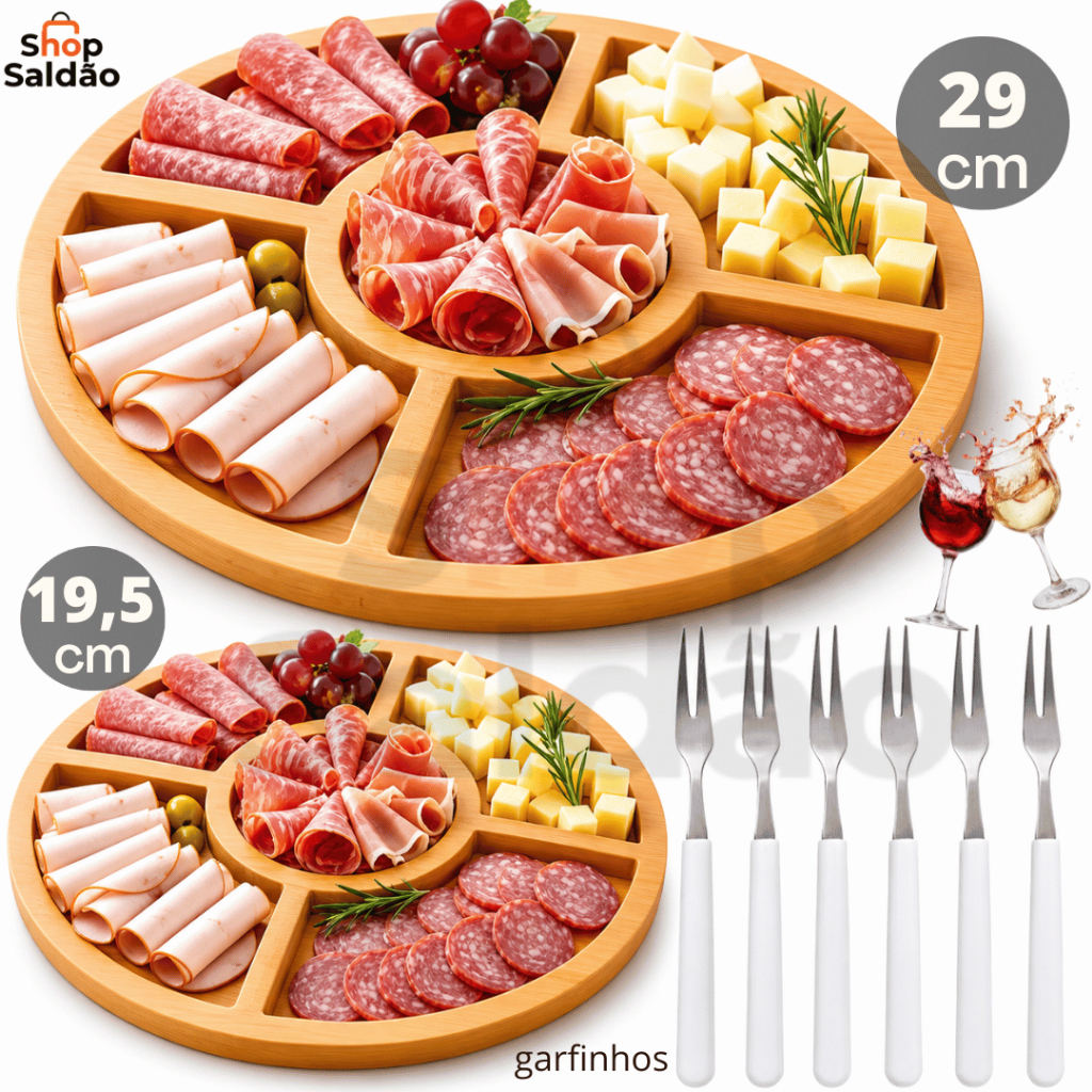 Petisqueira Redonda Frios Queijo Encaixe Ramekin Garfinhos Gamela de Bambu Kit 8 ou 7 Peças