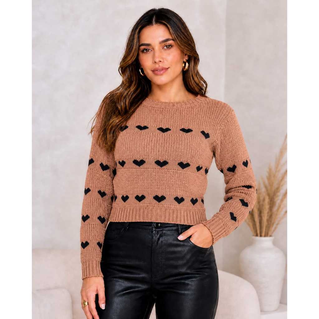 Blusa Cropped de Frio Feminina Estilosa Tricot Corações Roupa Feminina Elegante de Inverno