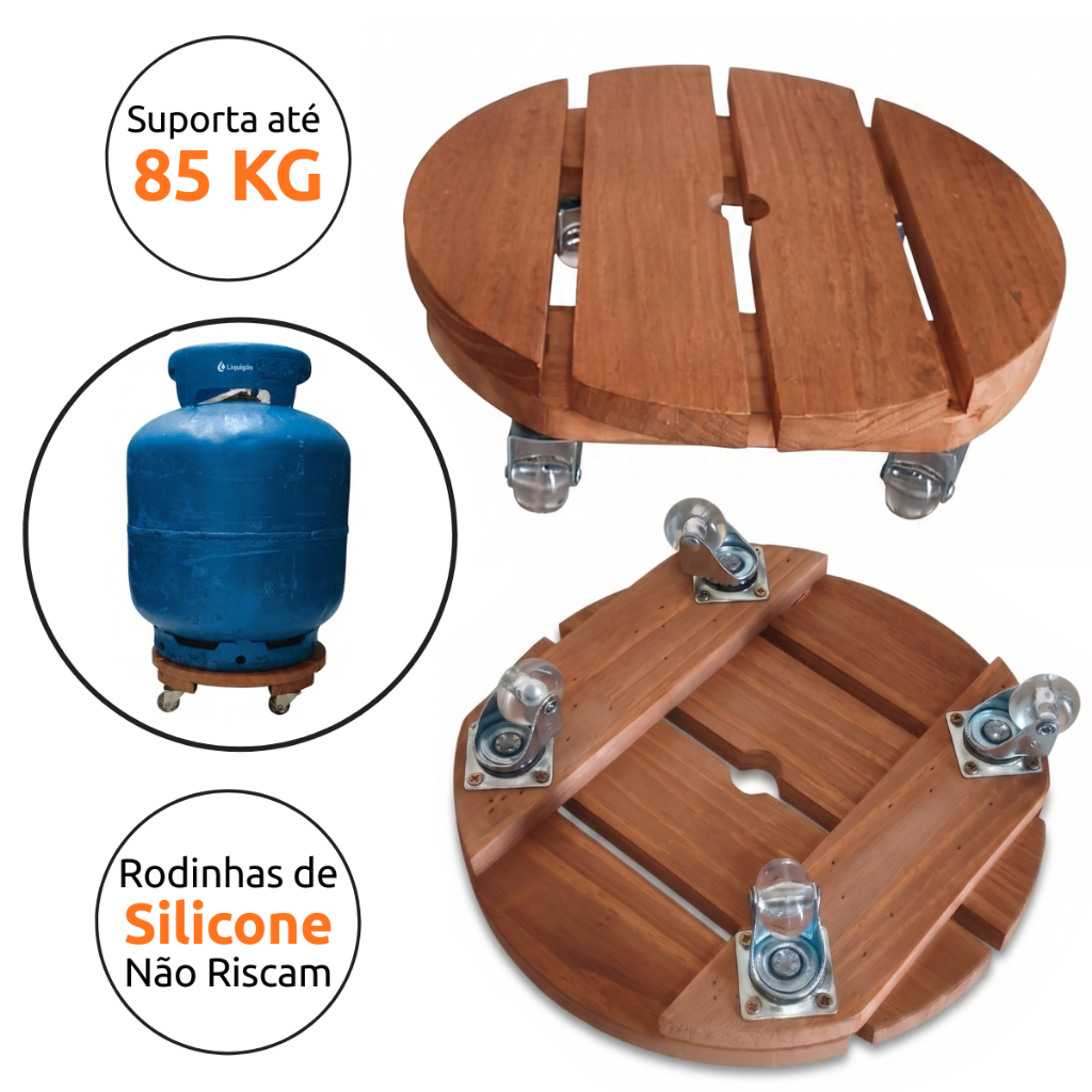 Suporte Carrinho para Botijão de Gás com Rodinhas de Silicone Externo Interno Reforçado Madeira 85KG