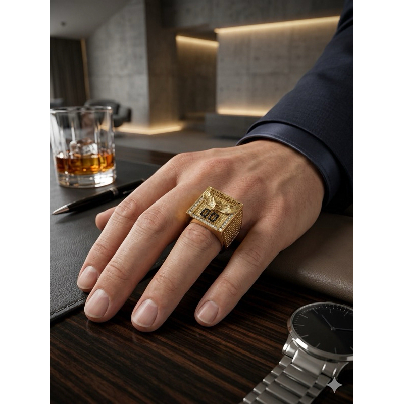 Anel Dedeira Aço Inox DOURADO Visionário 00 Quadrado Pedras de Zircônia Cravejadas