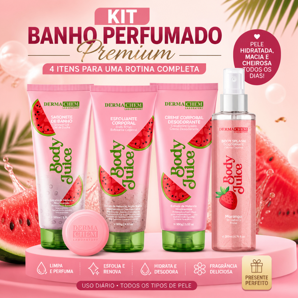 Kit Banho Perfumado Dermachem 4 Itens Body Splash+ Esfoliante+Creme+Sabonete Pele Hidratada Cheirosa