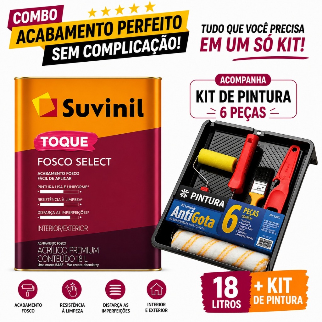 Suvinil Toque Fosco Select Branco Neve 18L + Kit Profissional Completo