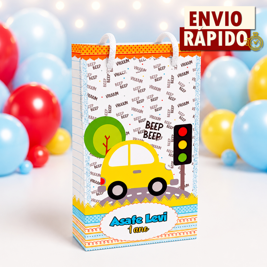 Sacolinha Personalizada P - Carrinhos - PEGU E MONTE - Lembrancinha Festa Aniversário Infantil