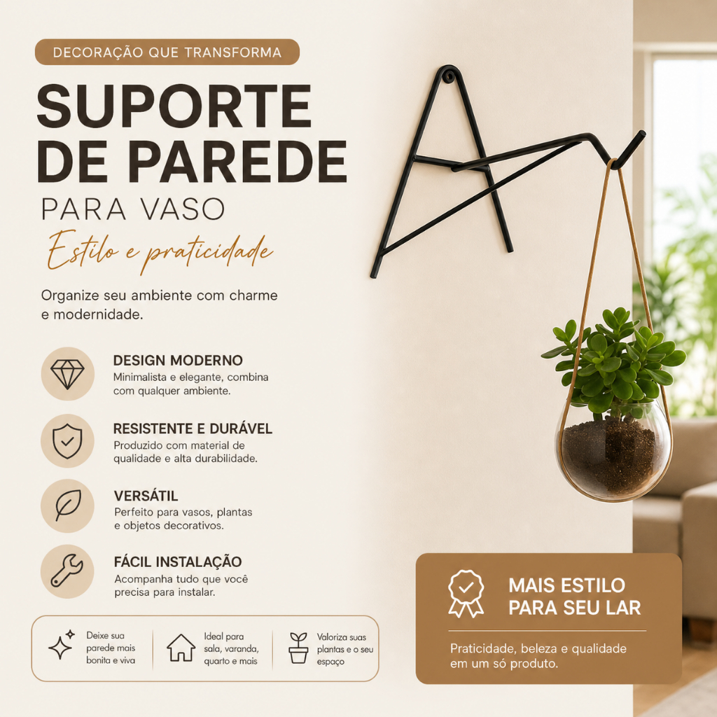 Suporte A para Vaso 20cm – Gancho de Parede Ferro Reforçado – Kit 1 a 10 Peças – Full