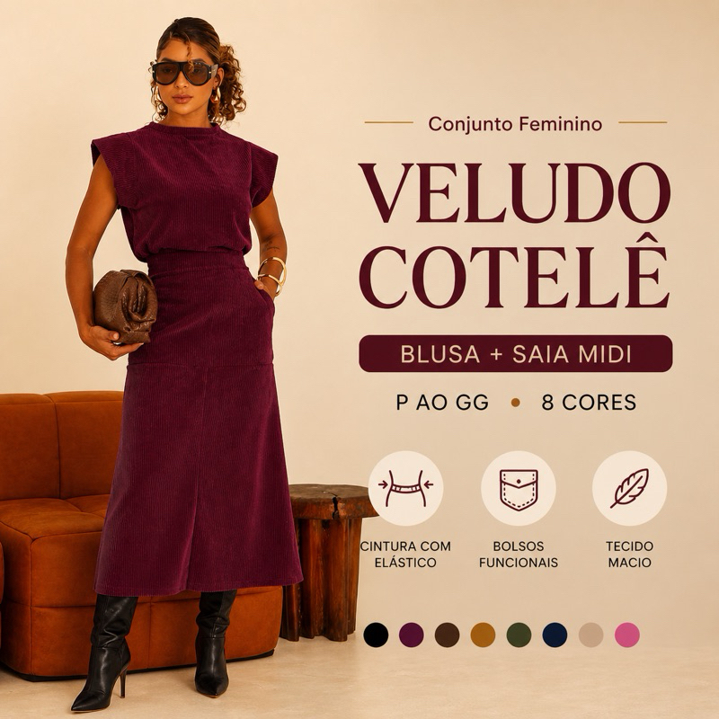 Conjunto Feminino Inverno Veludo Cotelê Blusa e Saia Quentinho Elegante Confortável Elásti...