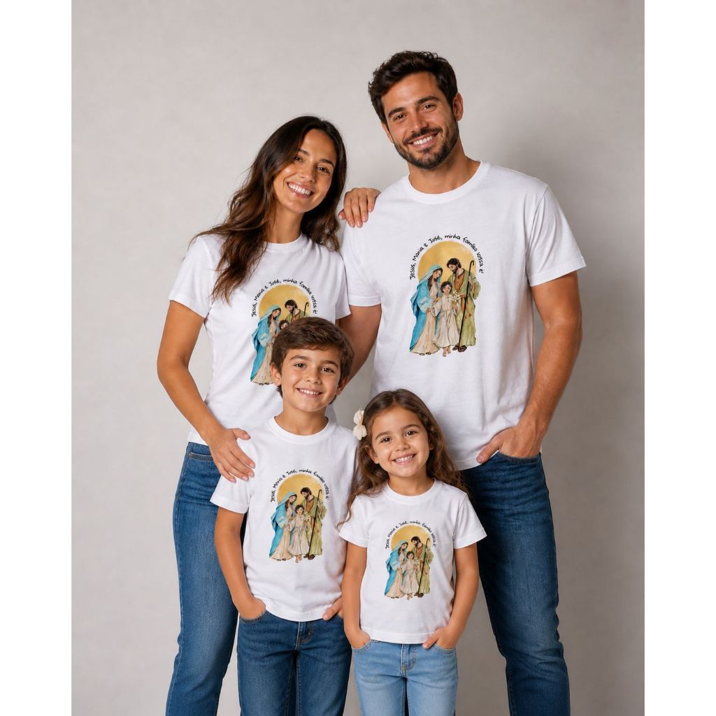 Camiseta Cristã Católica Para Pais e Filhos Estampa Sagrada Família 100% Algodão