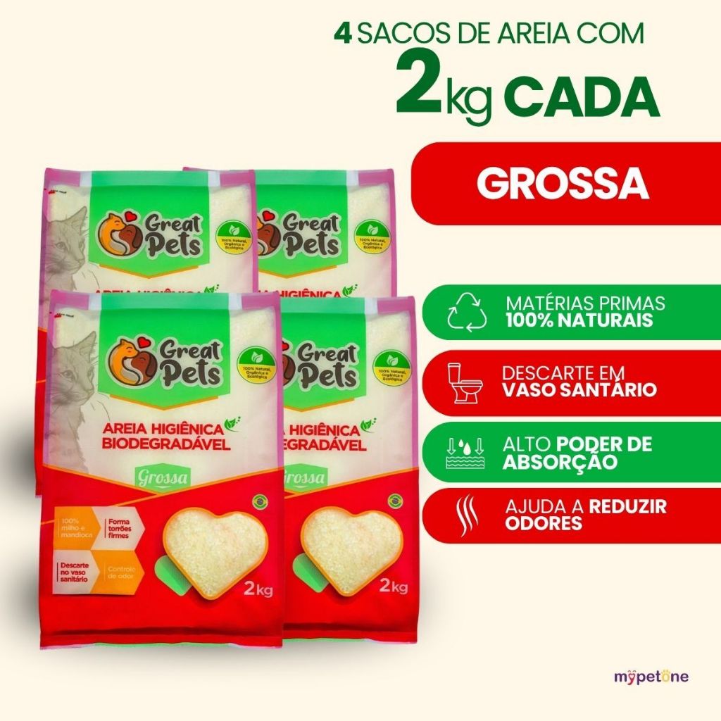 Kit 4 Areia Biodegradável Grossa 2 Kg para Gatos - Great Pets