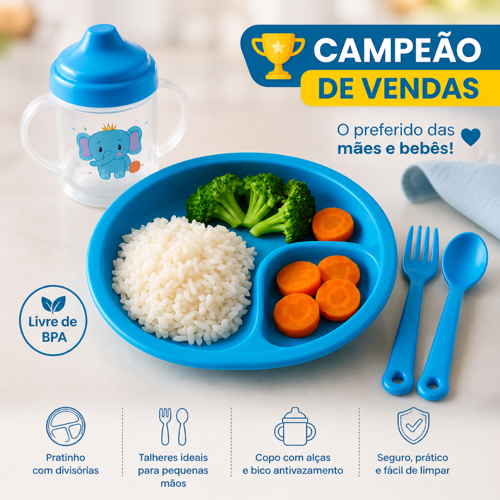 Kit 4 Peças Alimentação Bebê Azul Introdução Alimentar Refeição Garfo Colher Prato Copo Transição