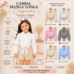 Camisa Manga Longa Infantil Crepinho Feminina com Laço Ajustável Gola Clássica Elegante Confortável