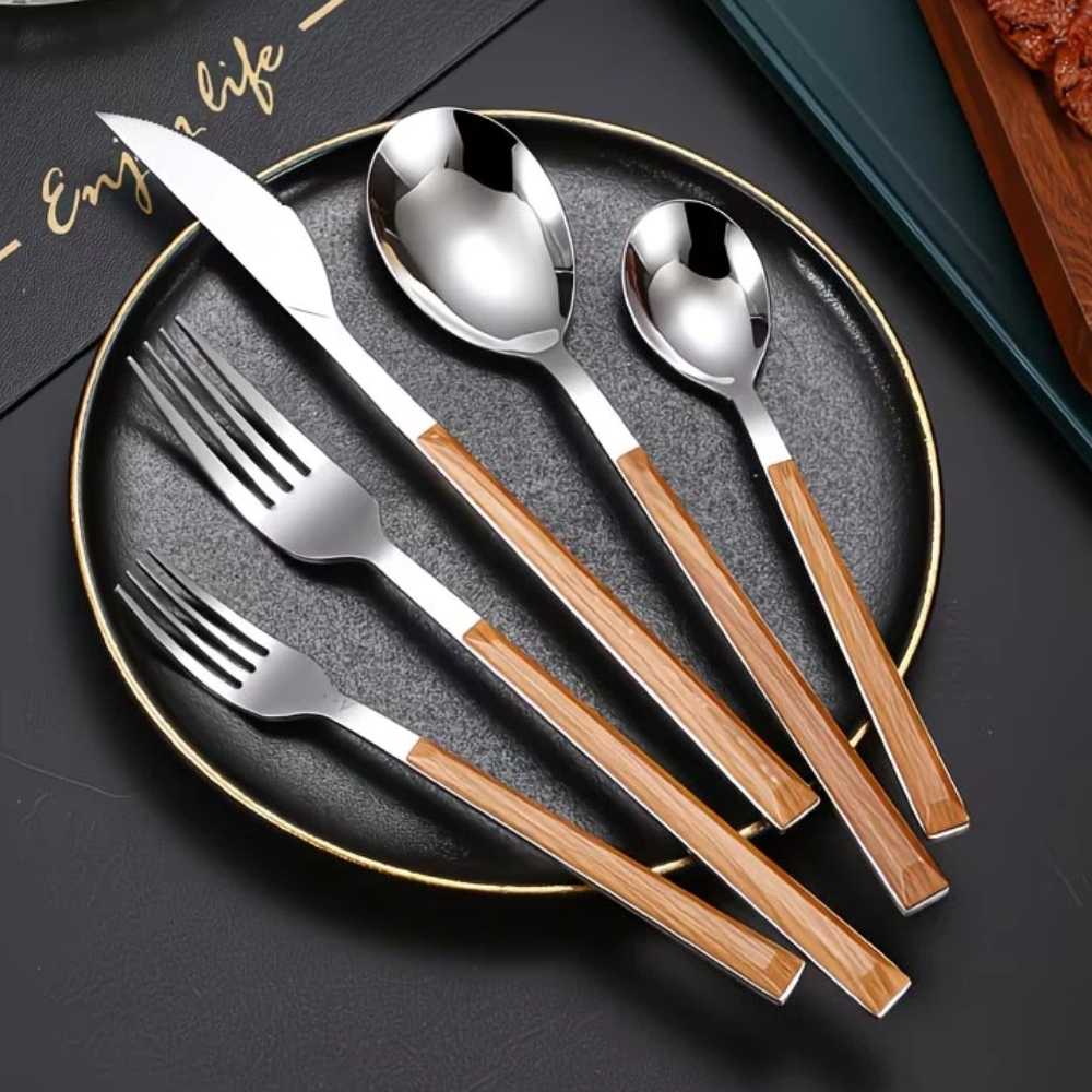 Kit 24/48 Jogo De Talheres Faqueiro Aço Inox, Alças Imitação de Madeira, Fácil de limpar,para Jantar e Casa