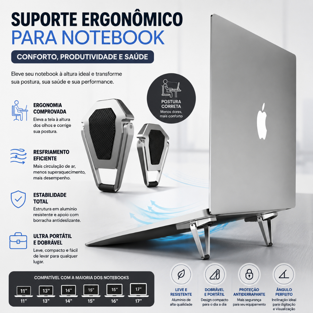 Suporte ergonômico de alumínio Notebook Macbook Air Mesa Metal Prateado clean