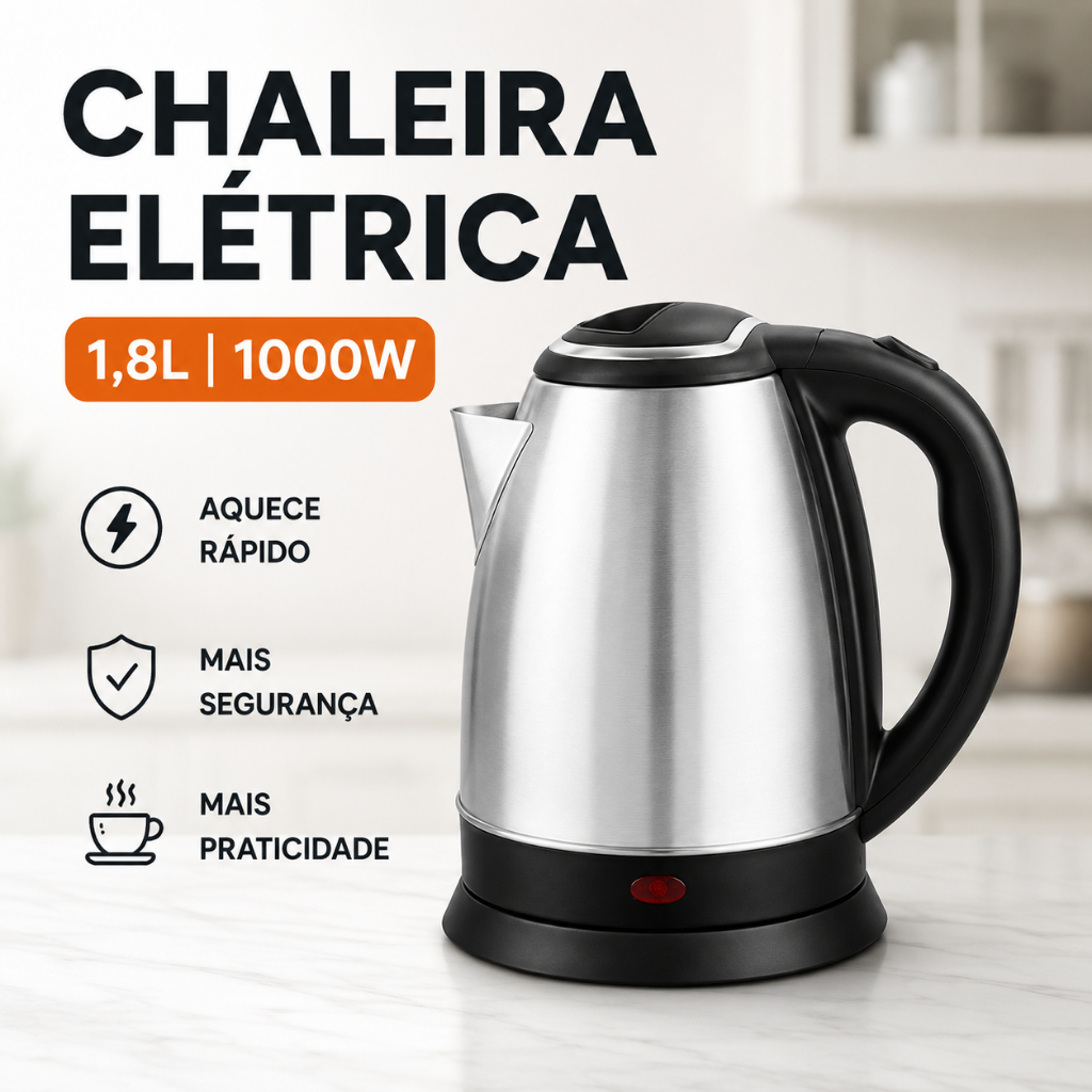 Chaleira Elétrica Inox 1,8L 110V ou 220V 1000W 1500W Desligamento Automático Rápida Ferve Rápido