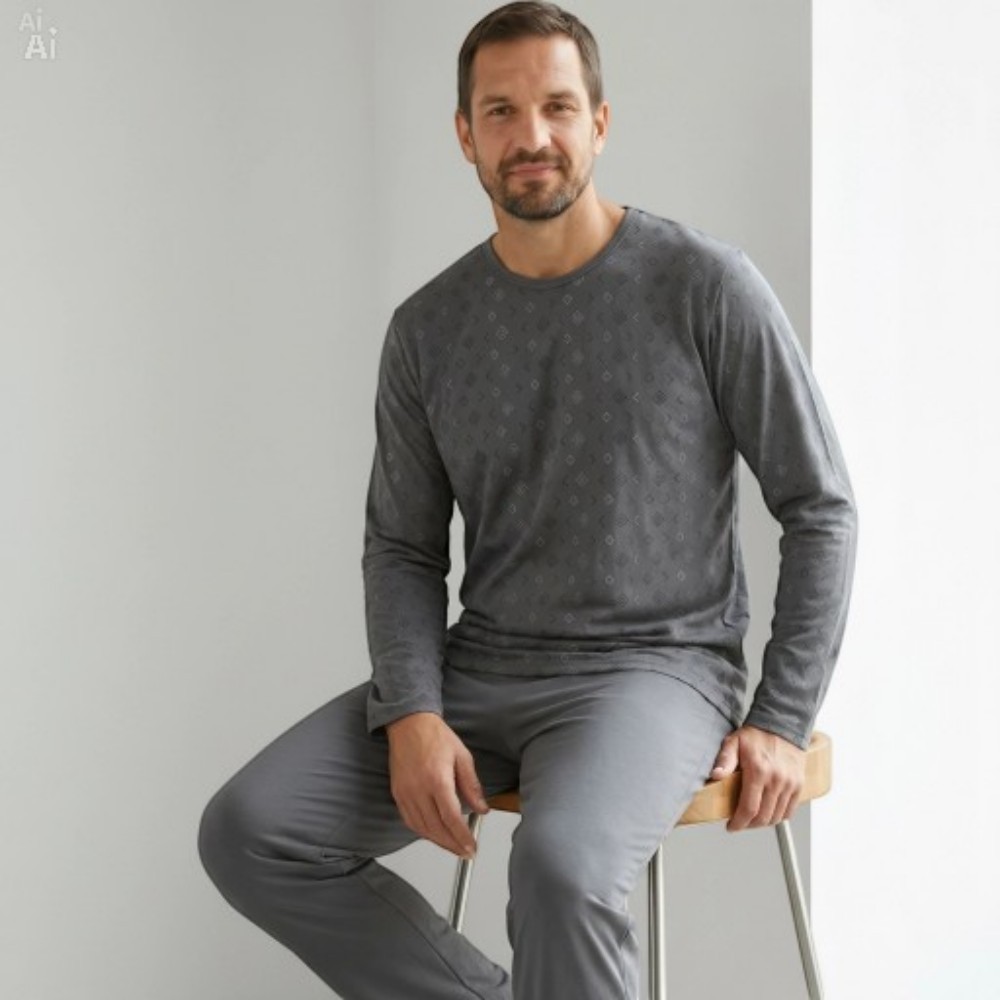 Pijama de Inverno Masculino Manga Longa Calça Comprida Adulto de Frio Roupa de Dormir Sleepwear