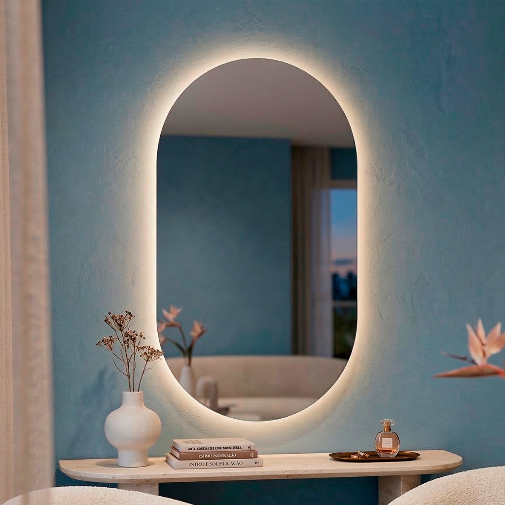 Espelho Oval com Led 110x60cm Espelho para Banheiro Sala Quarto Espelho Orgânico Mod Pílula
