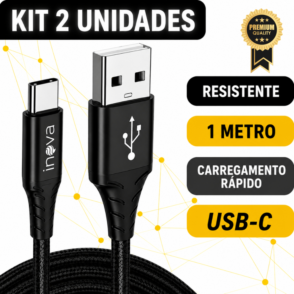 KIT COM 2 CABOS TIPO C 3.4A Usb Carregador Ultra Rápido 1 metros Resistente Nylon Anti quebra