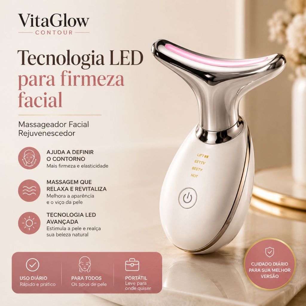 Massageador Facial LED Rejuvenescedor VitaGlow com Microcorrente Anti-idade e Firmador Facial