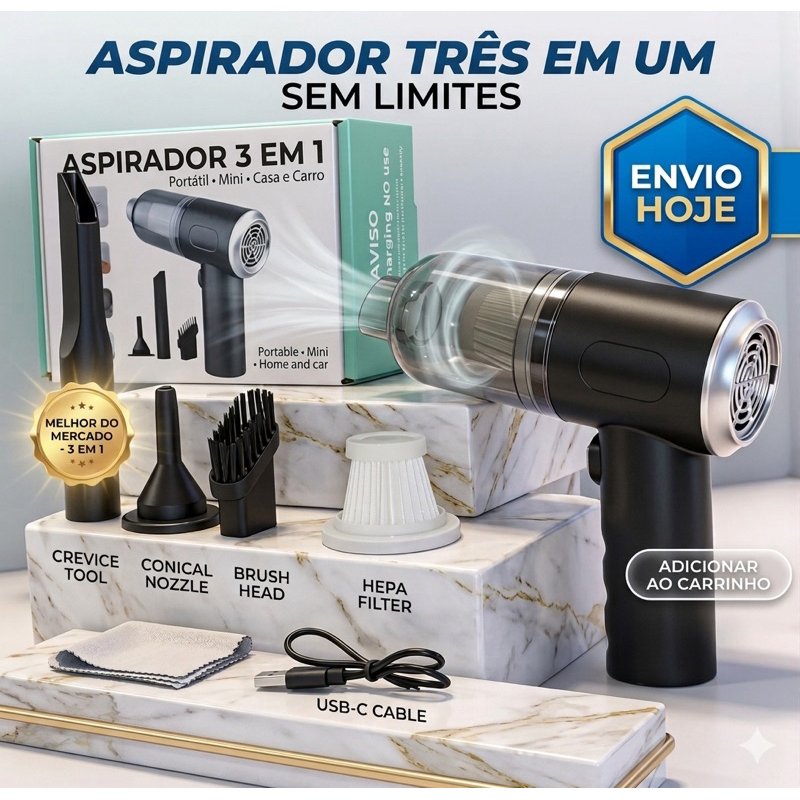 Aspirador de Pó Portátil Sem Fio 2 em 1 (Aspirar/Soprar) - 4000mAh, 330g, para Carro, Sofá, Teclado e Pelos de Animais