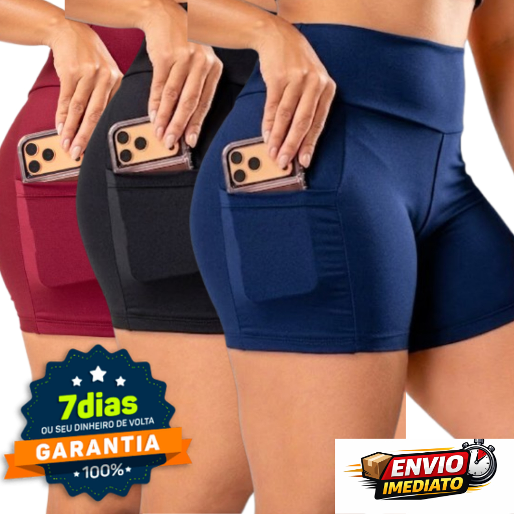 kit 3 Short de Academia Feminino Suplex Premium com Bolso Compressão, Zero Transparência