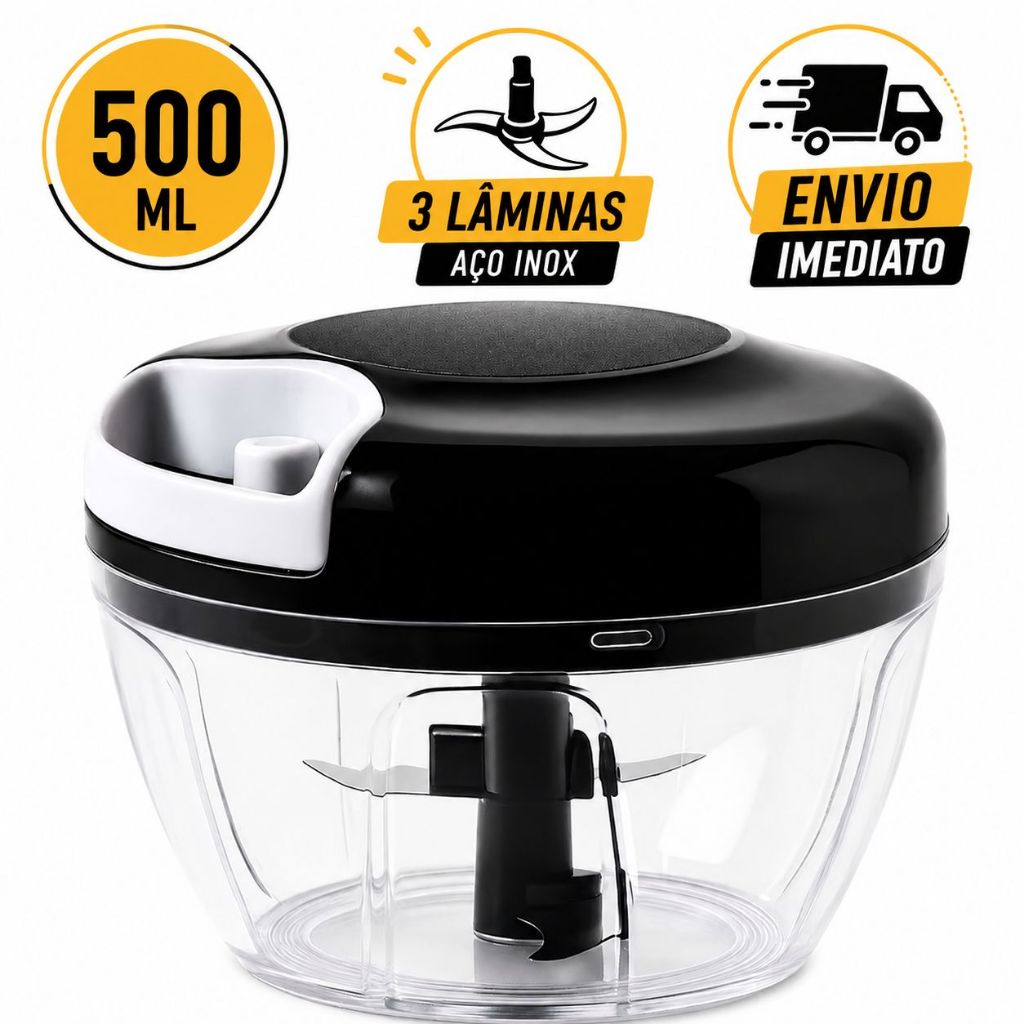 Triturador de Alimentos Grande 500 ml 3 Laminas Processador Manual Preto Vermelho Kit 1 2 3 4
