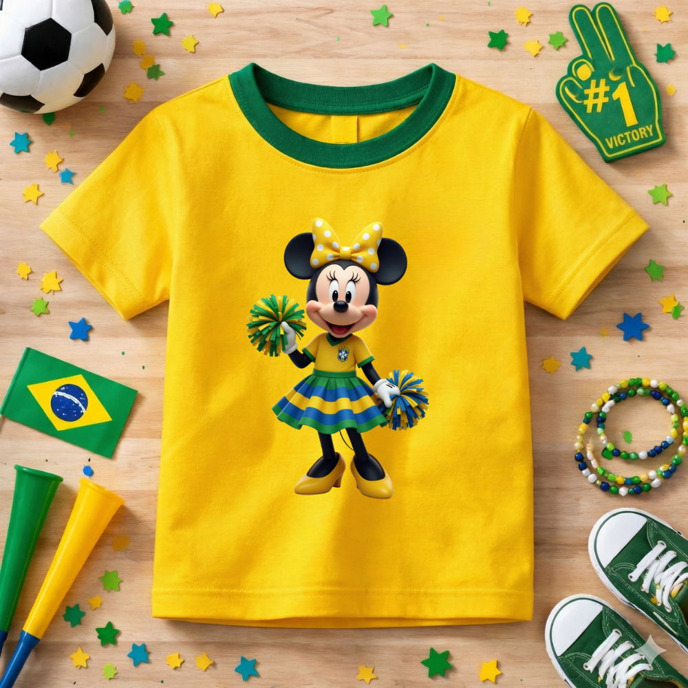 Camiseta Infantil Minnie Torcida Brasileira Estampada Copa Do Mundo Algodão Macio Lançamento Criança