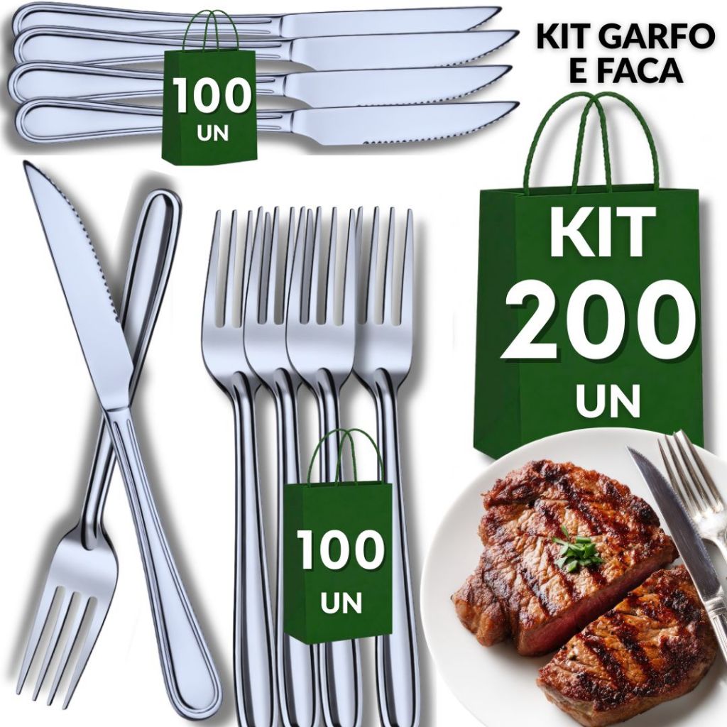 Conjunto 200  Talheres Inox 100 Facas 100 Garfos Cozinha Restaurante Buffet Casa Resistência Qualidade Utilidades