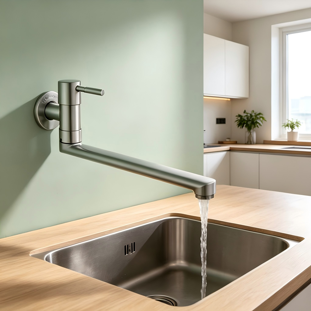 Torneira de Cozinha de Parede Longa, Aço Inoxidável 304 SUS, Água Fria, Anti-corrosão e Anti-ferrugem