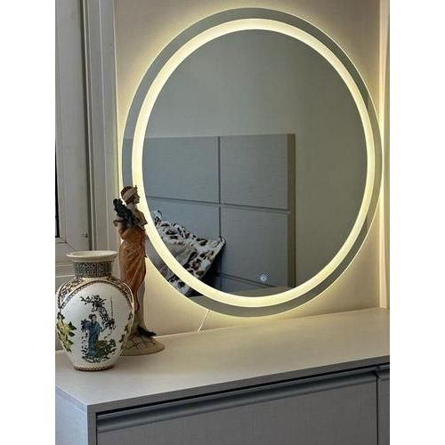 Espelho Redondo com LED Jateado Touch 3 Cores para Banheiro Lavabo Penteadeira D