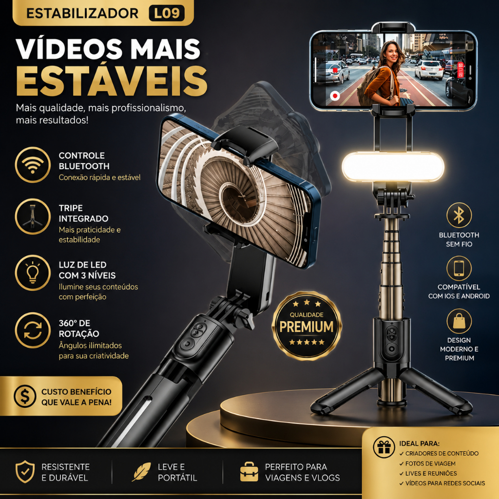 Estabilizador Fotos E Vídeos Profissional celular android iphone Mini Gimbal L09 com controle e led