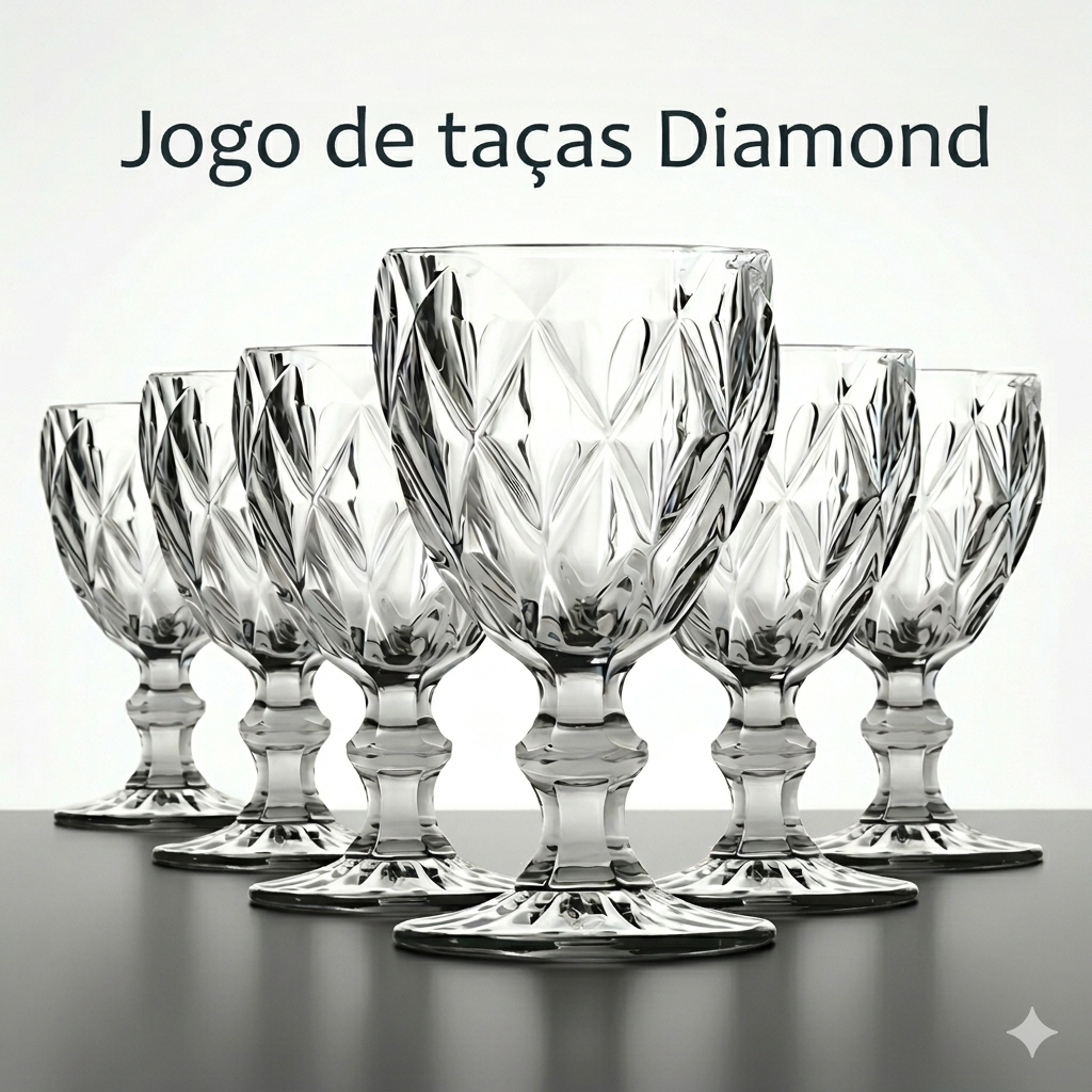 Jogo Taças Diamante Vidro 330ml Copo Diamond Luxo Moderno Transparente Butter Cream Elegante