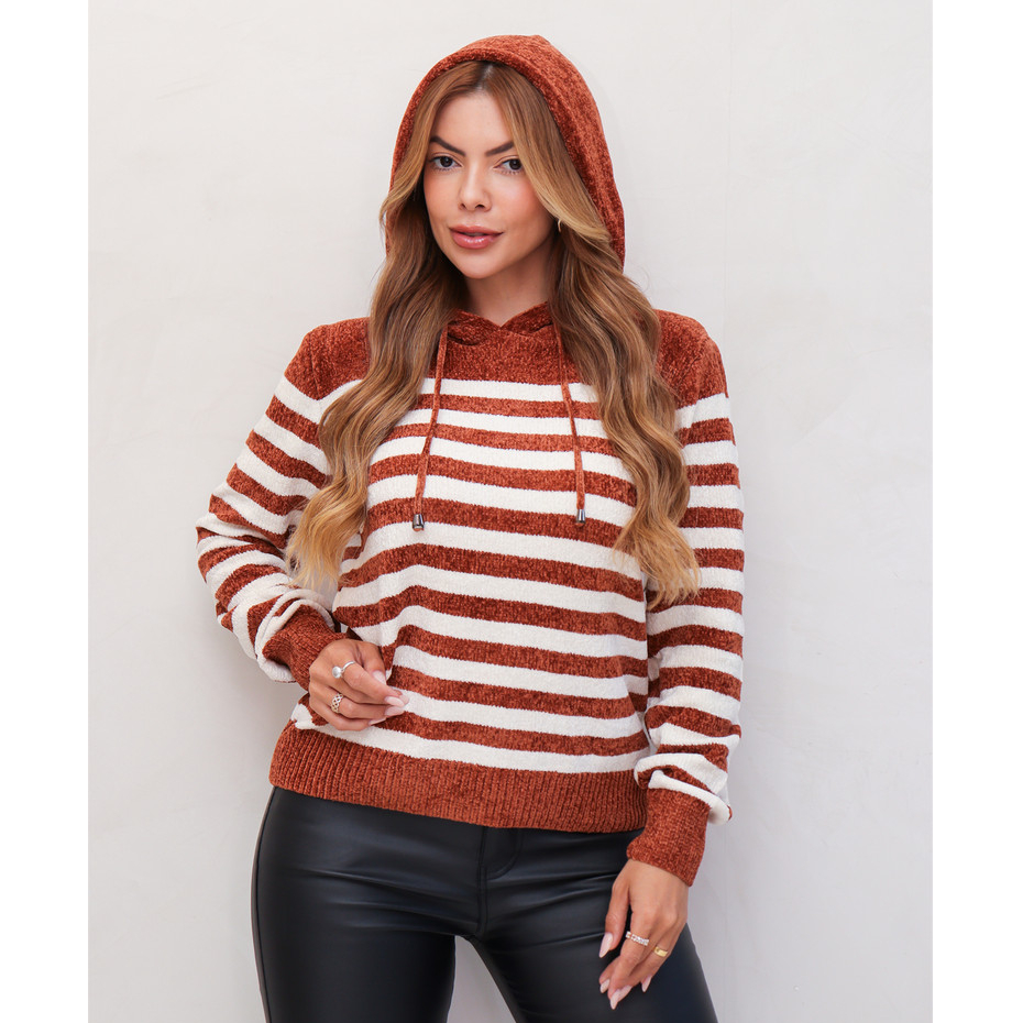 Blusa Feminina Tricot Listrado com Capuz Manga Longa Confortável Moda Inverno 3RD SD3014