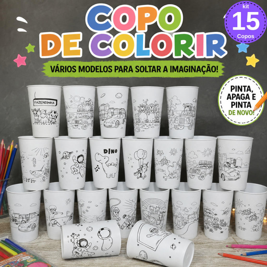 Copo de Colorir 15un Várias Estampas Copo Lembrancinha Aniversário Para Crianças Divertido Educativo