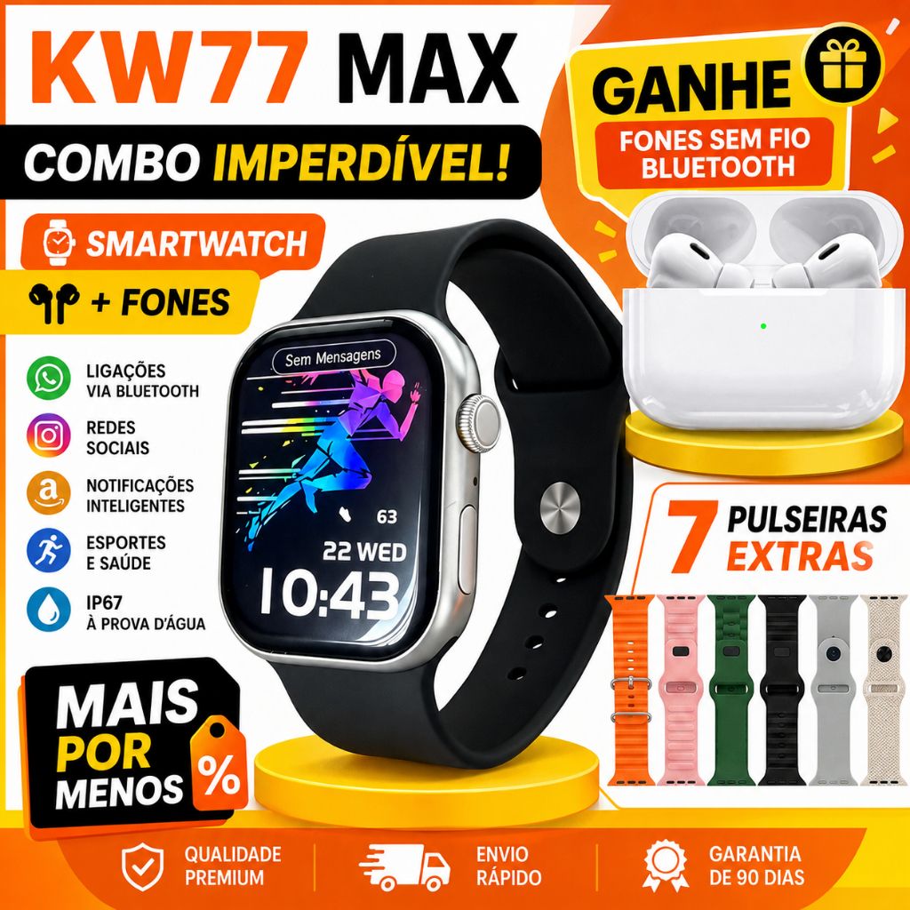 Smartwatch 2.01" Tela HD + 7 Pulseiras + Fone Bluetooth Pro Chamada Bluetooth Monitor de Saúde À prova d'água