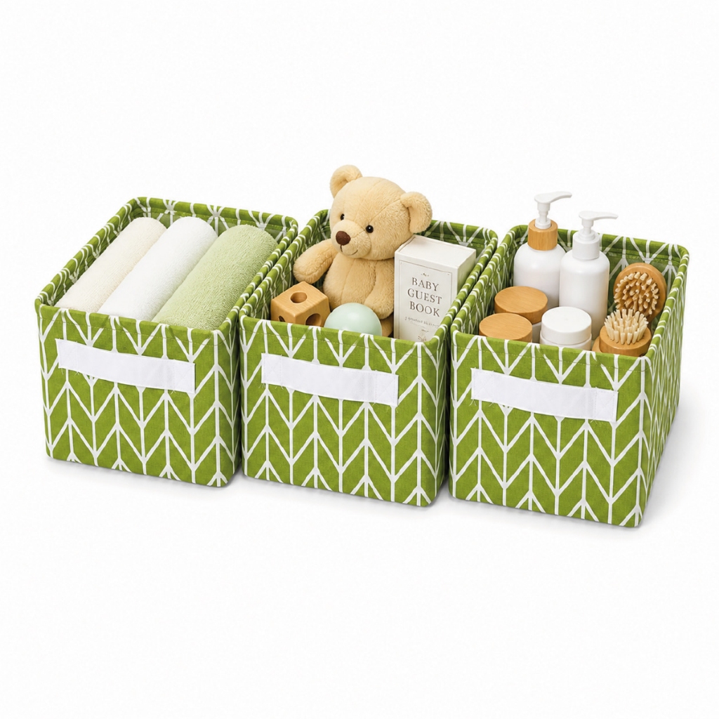 Kit 3 un Cesto Organizador Dobrável Linho Multiuso Para Roupas Brinquedos Nicho Decorativo | VERDE