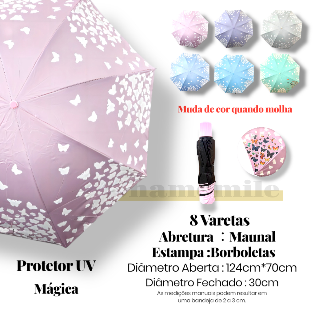 Guarda chuva Dobrável Sombrinha Portetor UV borboleta  Mágica (Muda De Cor Quando Molha)