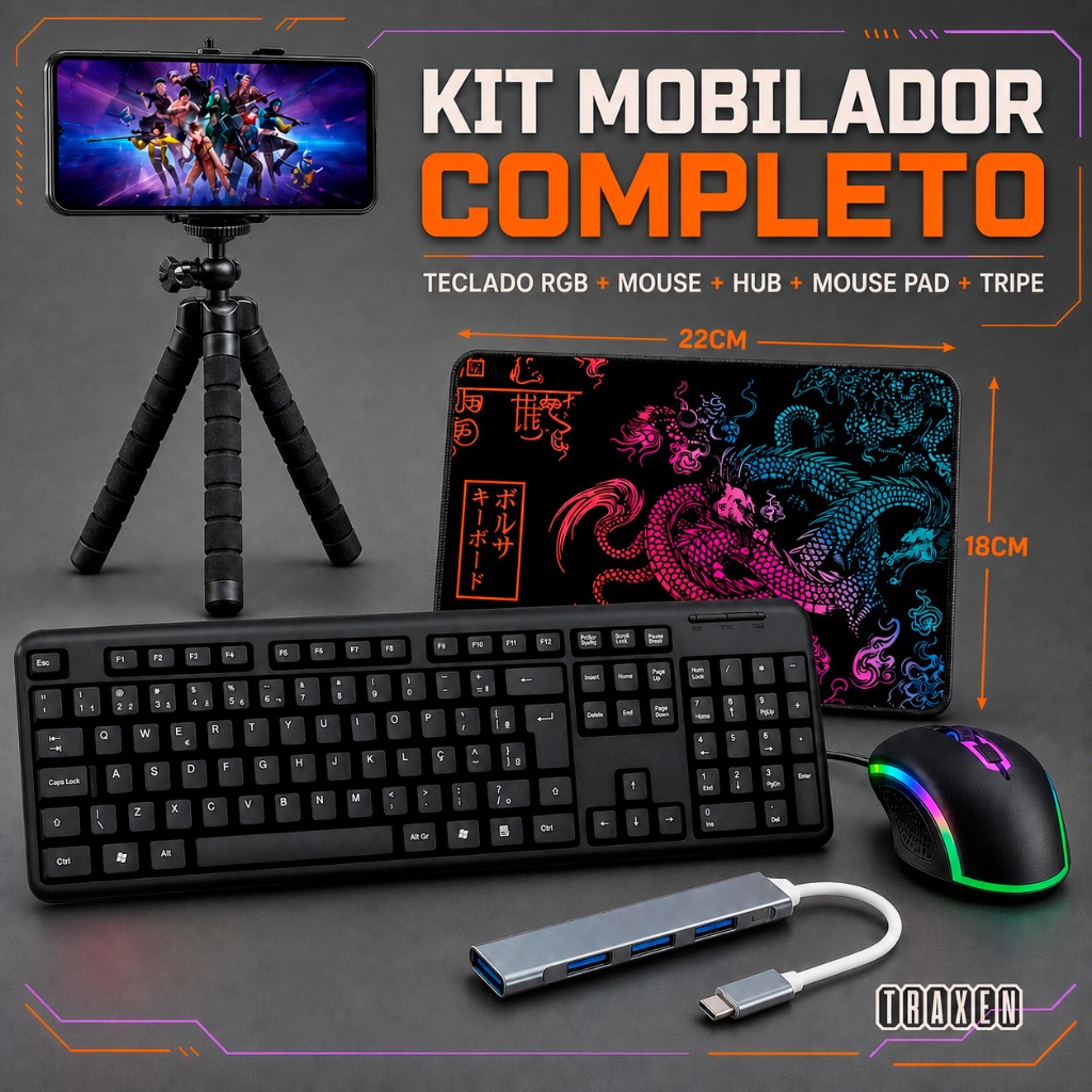 Kit Gamer Mobilador com Teclado Mouse e Pad Estampado Speed Tripe Completo
