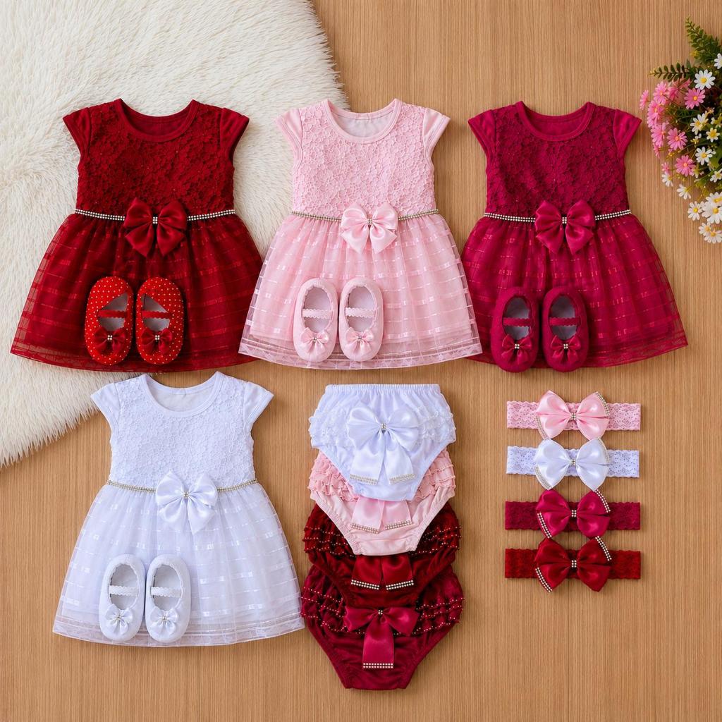 Vestido Luxo Festa Batizado Bebê Menina+ Calcinha Bunda Rica + Sapatinho + Faixa de Cabelo 3-6 Meses