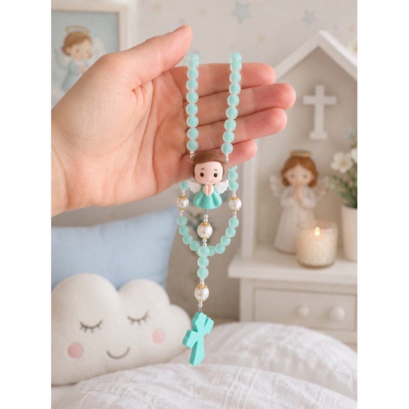 Terço para batizado Anjo do Encanto Verde Kit com caixa de presente e organza Terço infantil personalizado