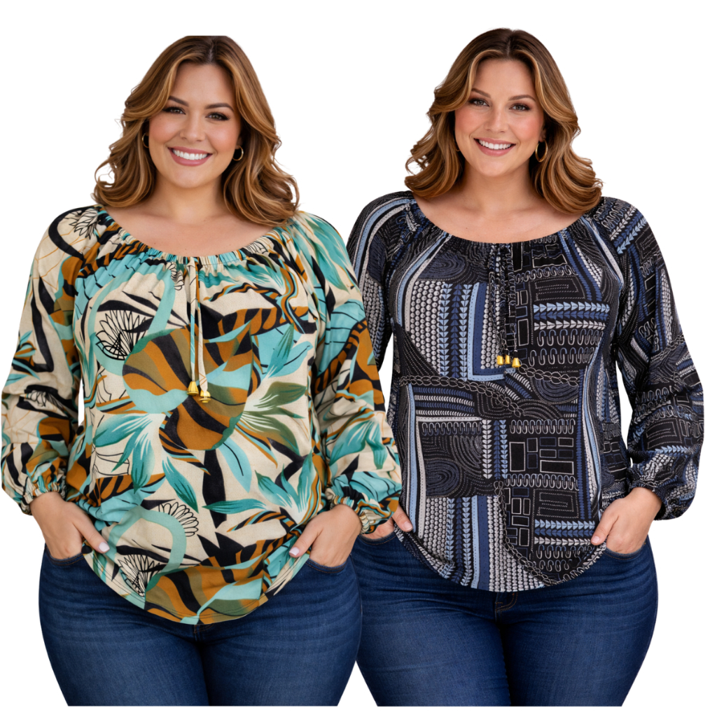 Kit 2 Blusa Feminina Malha Liganete Estampadas Senhoras Soltinhas Confortáveis.