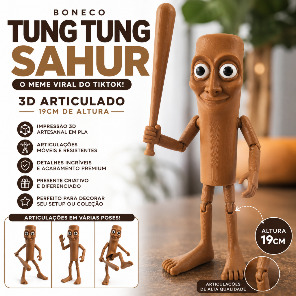 Boneco Tung Tung Sahur Meme Viral TikTok Decorativo Articulado Impressão 3D Geek