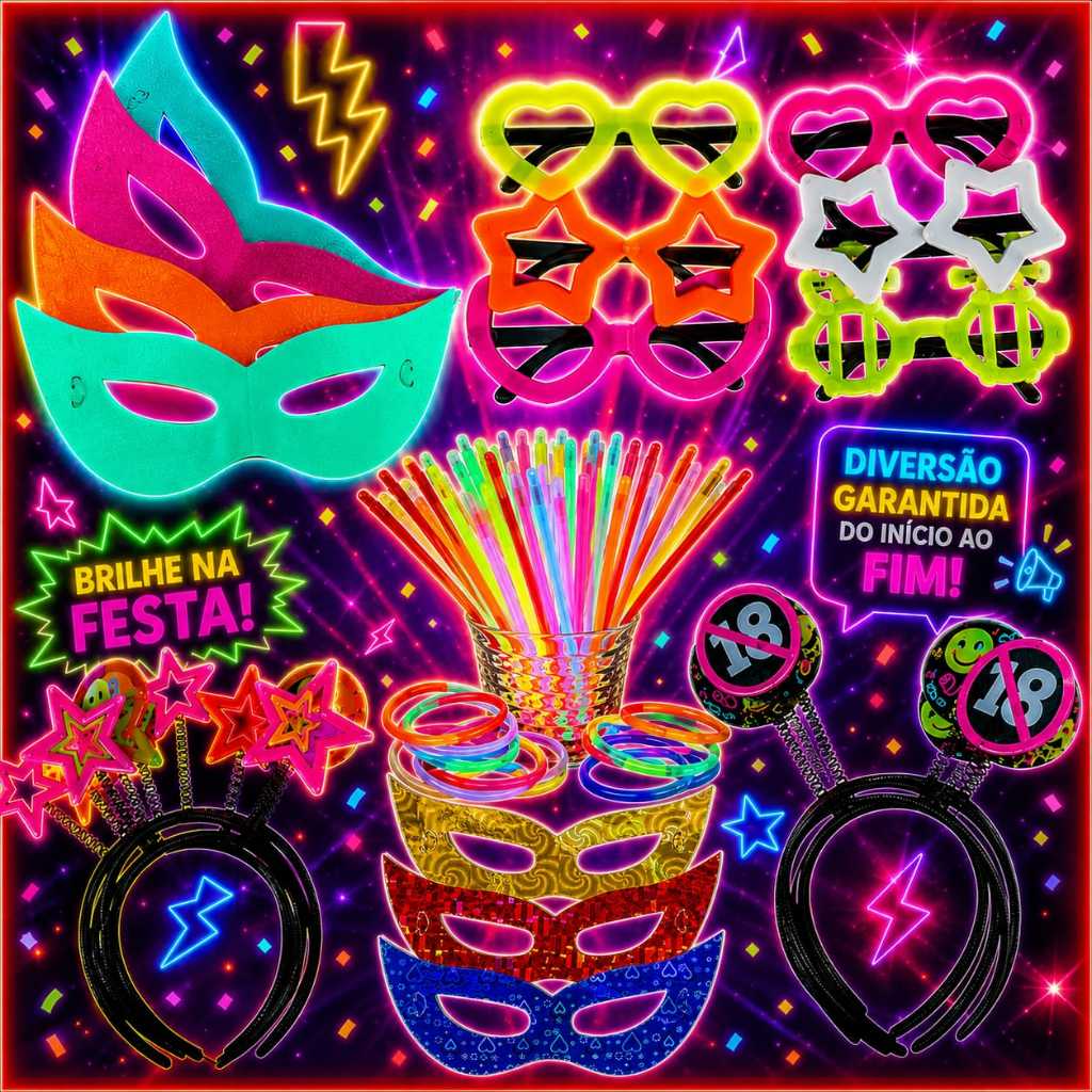 Kit Balada 130 itens Neon Festa Comemoração Aniversário Pulseira Mascara Oculos Tiara