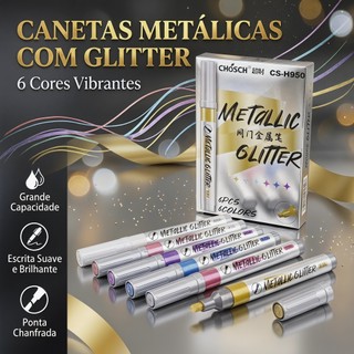 Kit 6 Caneta Tinta Metálica Glitter Brilhante Marcadora Arte Pintura Material de Arte H950