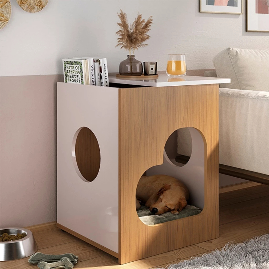Mesa Lateral Casinha Pet Cachorro Gato Cama Apoio Nicho Abertura Artely Carvalho/Off White