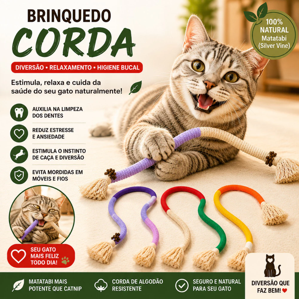 Brinquedo Mordedor Gatos Matatabi Natural Corda Limpa Dentes Higiene Bucal Anti Estresse Pet Interativo