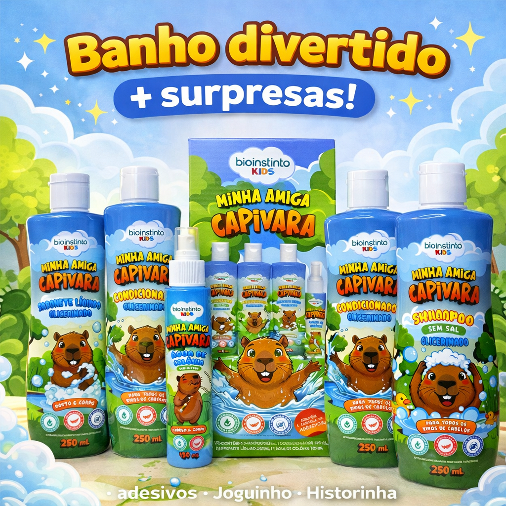Shampoo e condicionador Sabonete líquido e Água de colônia Minha Amiga Capivara kit 4 itens
