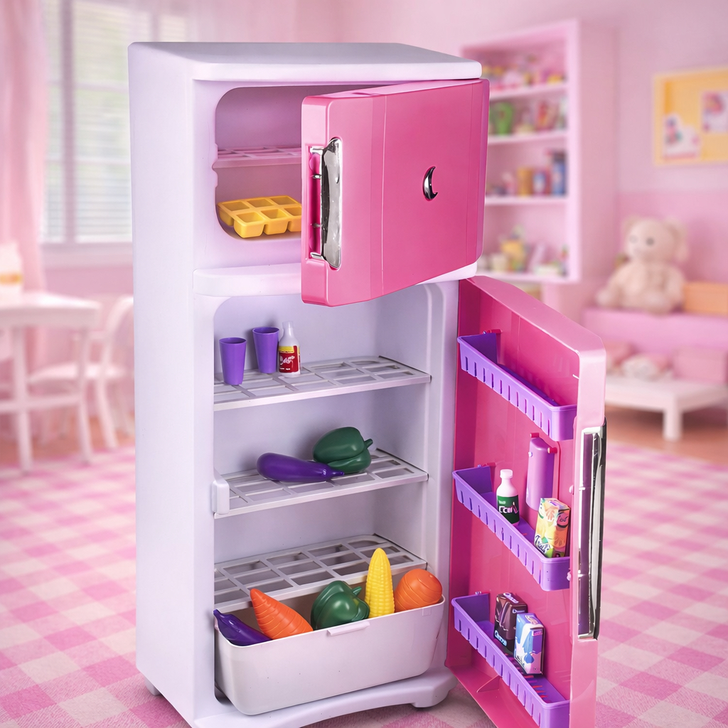 Geladeira Infantil Duplex Princesa - Rosa Brinquedo Grande 2 portas com acessórios Lua de Cristal