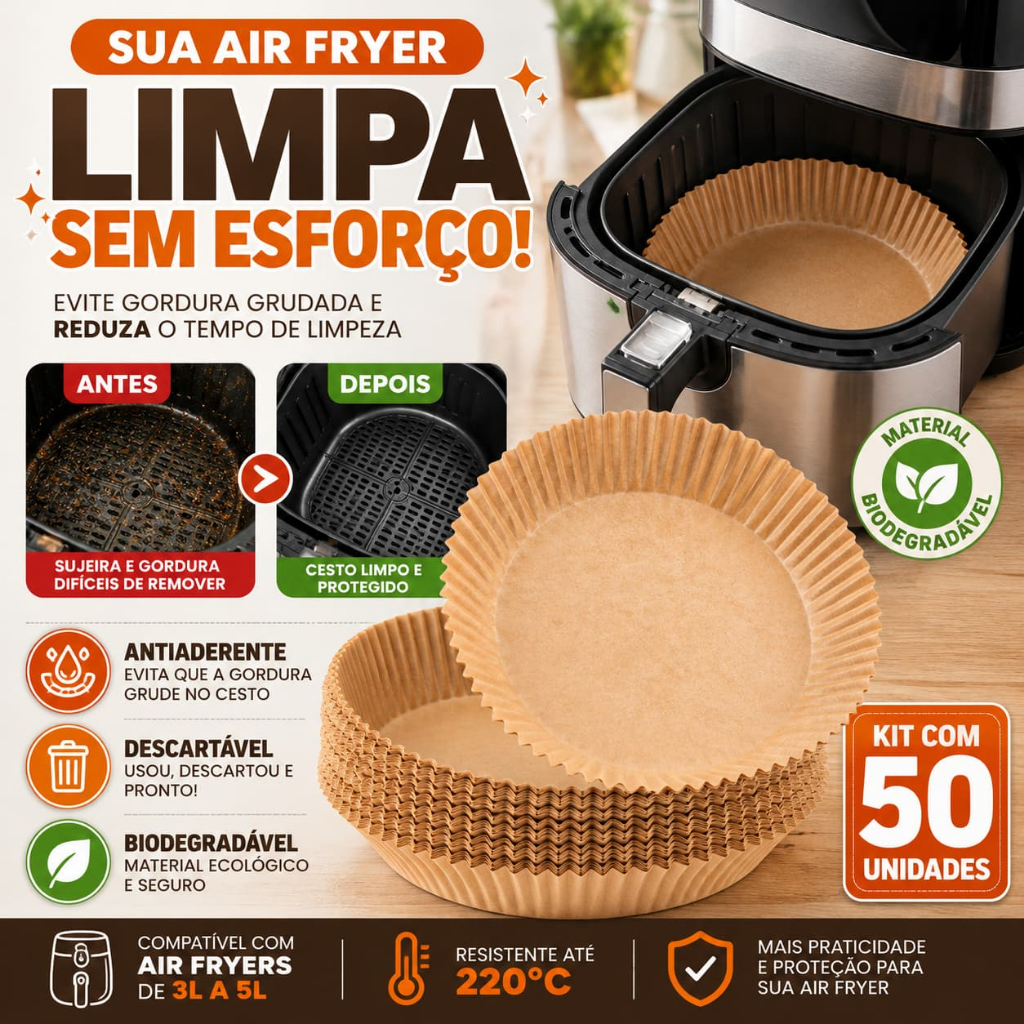 Forma Papel Air Fryer Antiaderente Descartável 50 Unidades Forro Protetor 3L 4L 5L Biodegradável