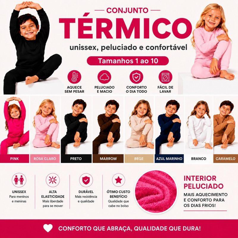 Conjunto Térmico Infantil Menino Menina Unissex Peluciado Forrado Flanelado Roupa Debaixo Pijama Calça Camisa Longa