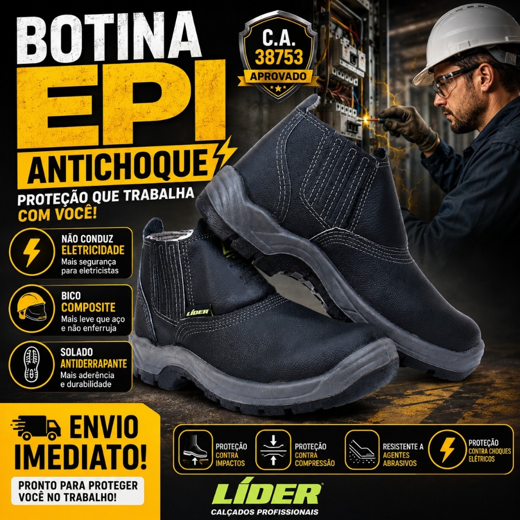 Bota Botina de Segurança EPI Biqueira em Composite Para Eletricista Couro Confortável Envio Rápido