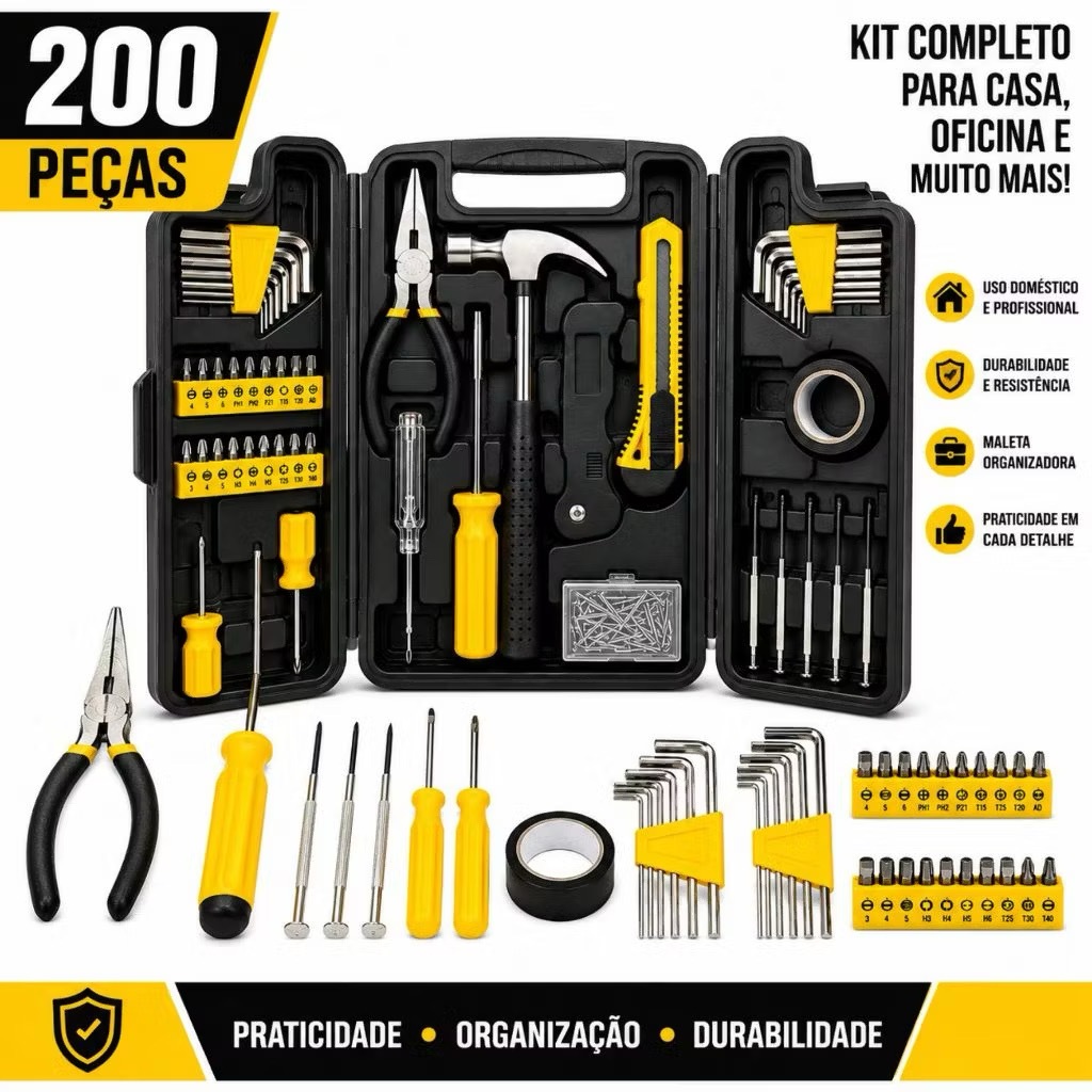 Kit Jogo De Ferramentas Completo 200 Pcs C/Soquetes Chaves Maleta Professional Top1